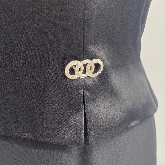 Vintage 90s Papell Boutique Satin Gown Layered Peplum Bodice Embellished Black 8 - Picture 4 of 11